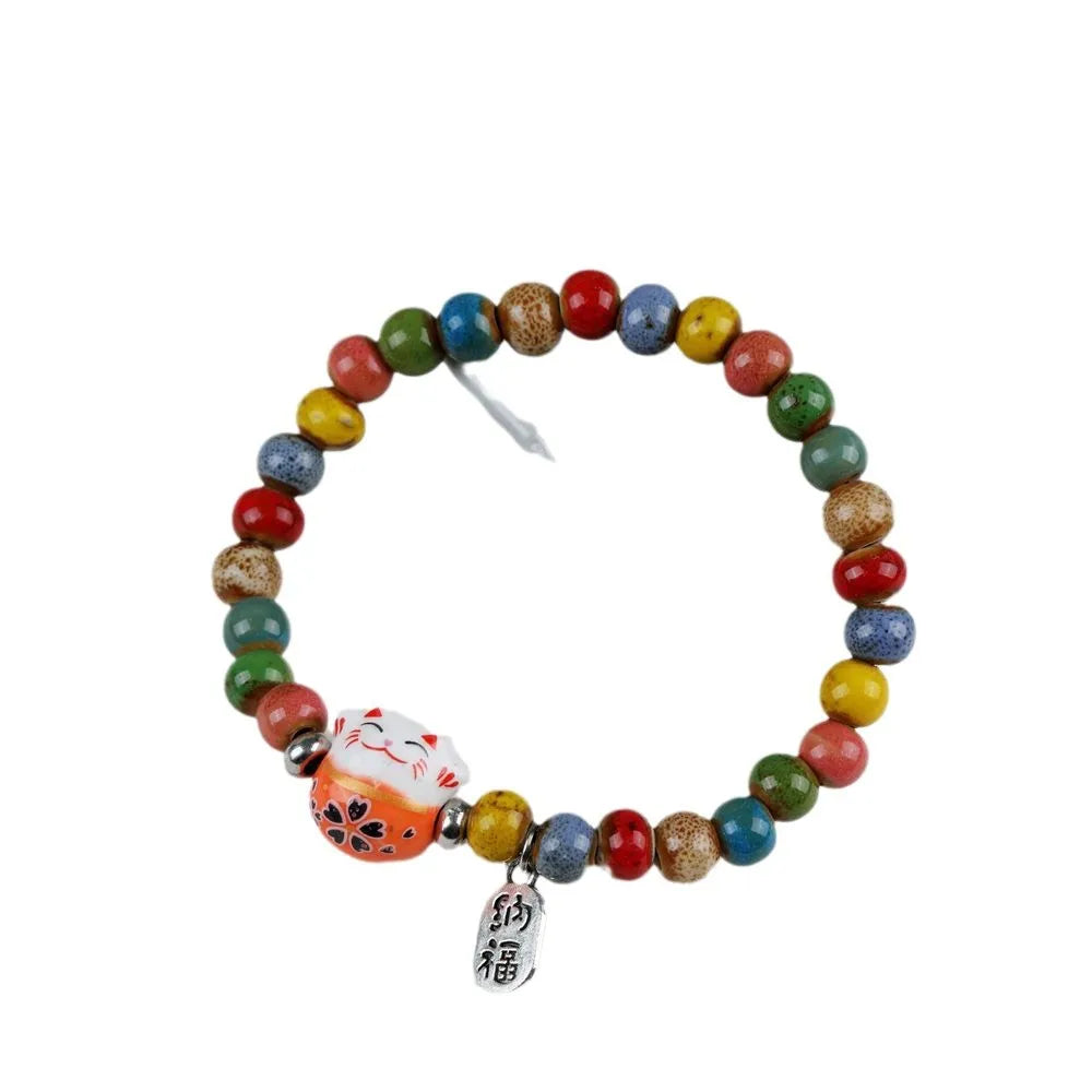 New Small Fresh Literature and Art Pastoral Japanese Lucky Cat Beaded Ceramic Bracelet Lucky Cat Bracelet Loose Beaded Bracelets