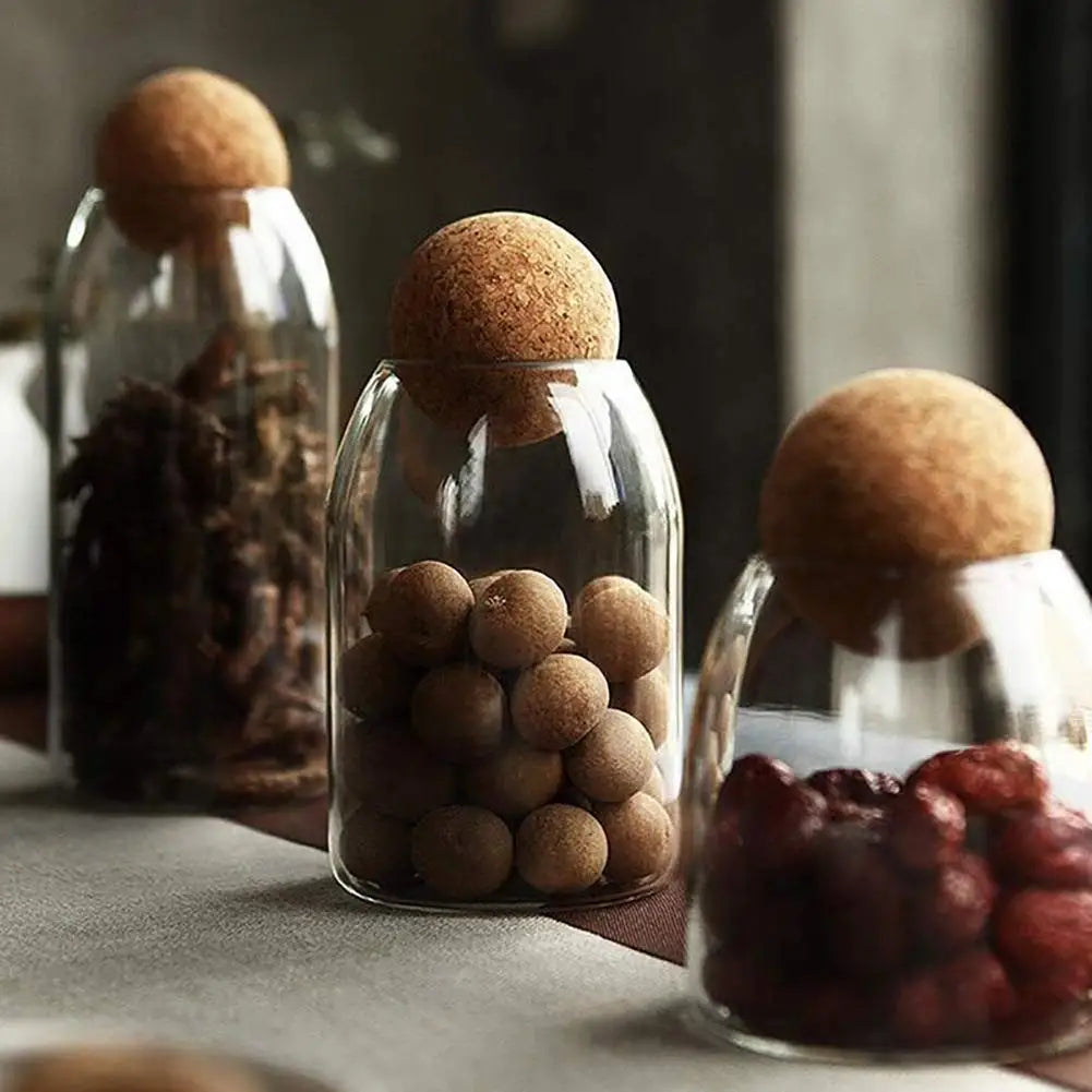 18Oz Glass Storage Container for Ball Cork Cute Cotton Organizer Air Tight Wood Lid Food Candy Canister Jar Condiments Cover