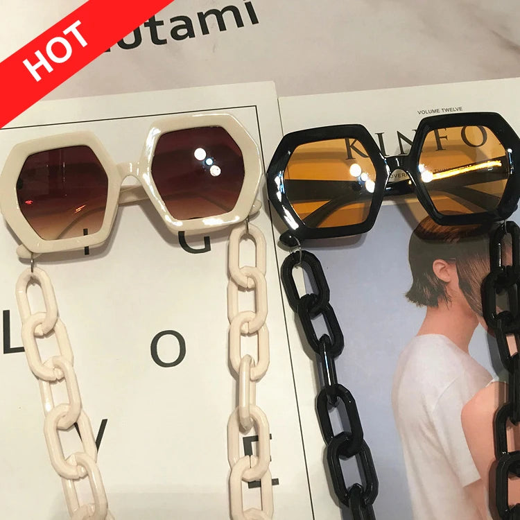 Kenbo Unique Sunglasses Chain Set for Women 2021 Luxury Brand Polygon Square Sun Glasses Female Vintage Punk Eyewear