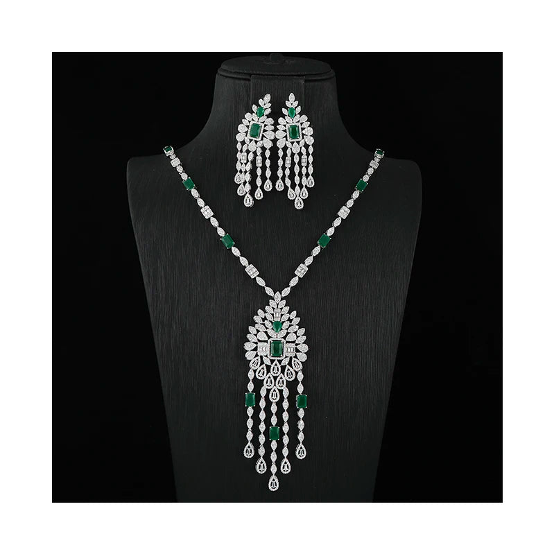 Green Zircon Luxury Indian Nigeria CZ Crystal Wedding Bridal Jewelry Set Big Tassel Necklace for Women Engagement Jewellery
