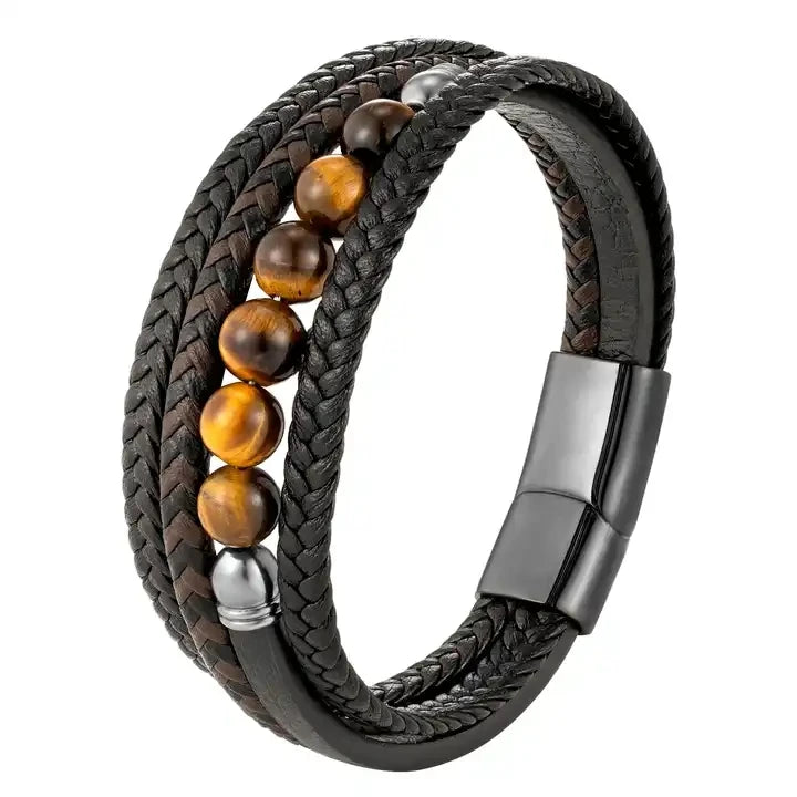 Natural Stone Volcanic Leather Bracelet Stainless Steel Magnetic Clasp Braided Leather Bracelet Multi-Layer Men's Jewelry Bangle