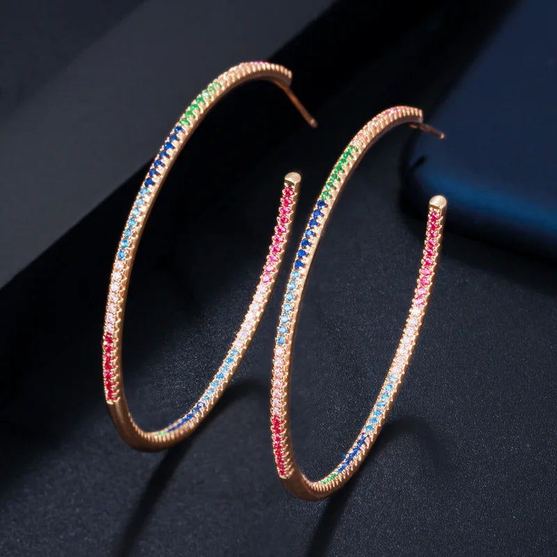 Gorgeous Thin MultiColor Rainbow Cubic Zirconia Large Gold Plated Loop Micro Pave Hoop Earrings for Women Trendy Jewelry Gift