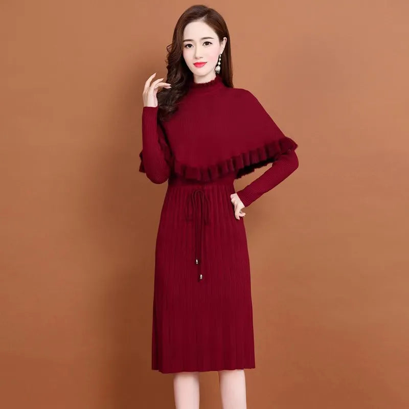 Huachao Elegant Knit Women Sweater of Dress Knit Twinset Winter Spring Fashion Cloak Tight  Dress Set Women Sweater
