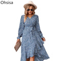 2023 European American Women's Fashion Printed Midi Dresses Beautiful Temperament Long Sleeved Autumn Winter Natural Washable