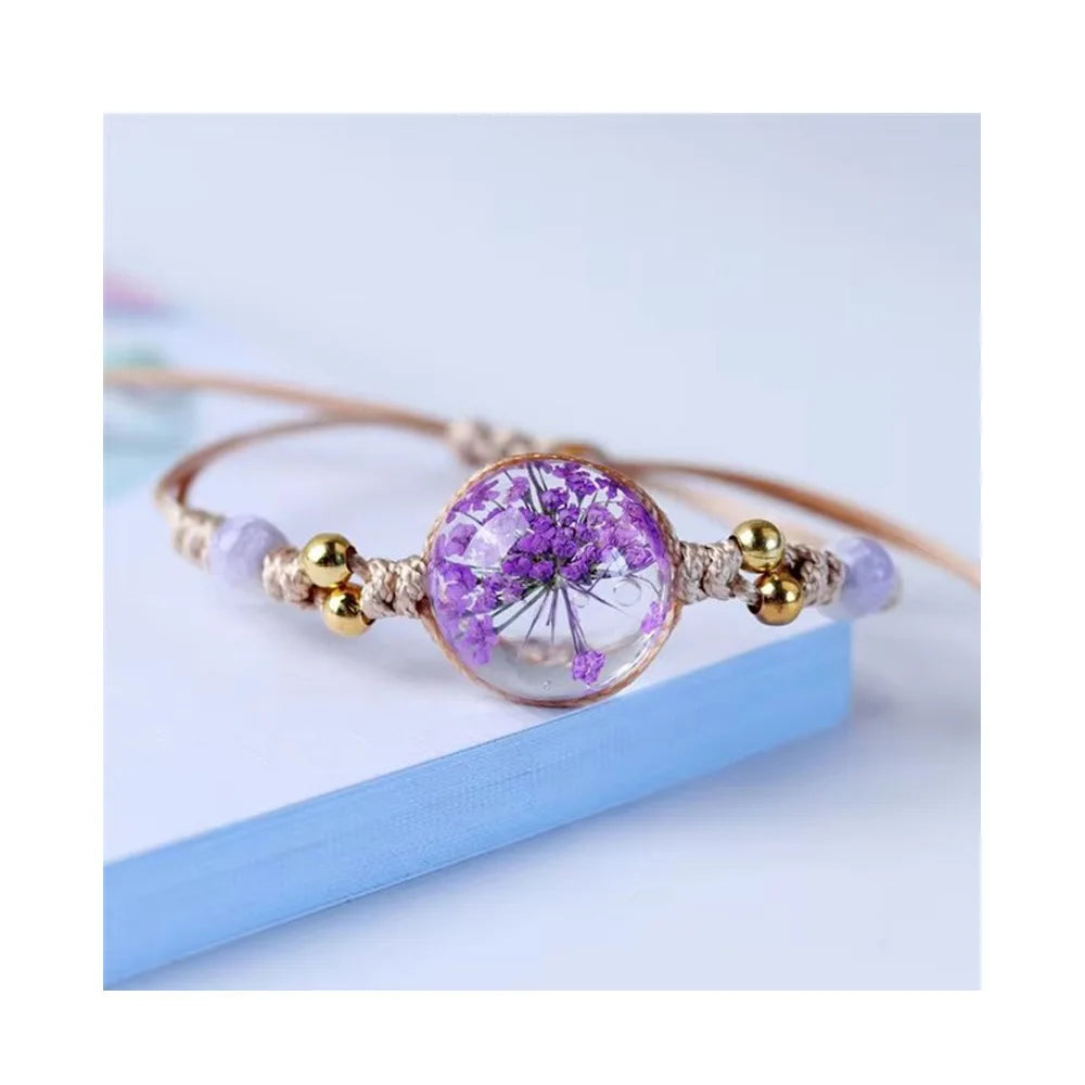 Handmade Rope Knot Braided with Ceramics Beads Natural Dried Flower Glass Ball Charms Bracelets