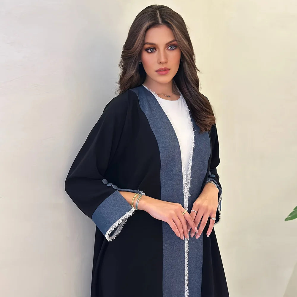 New Design Eid Patchwork Denim Islamic Clothing Open Abaya Women Muslim Dress Abaya Dubai