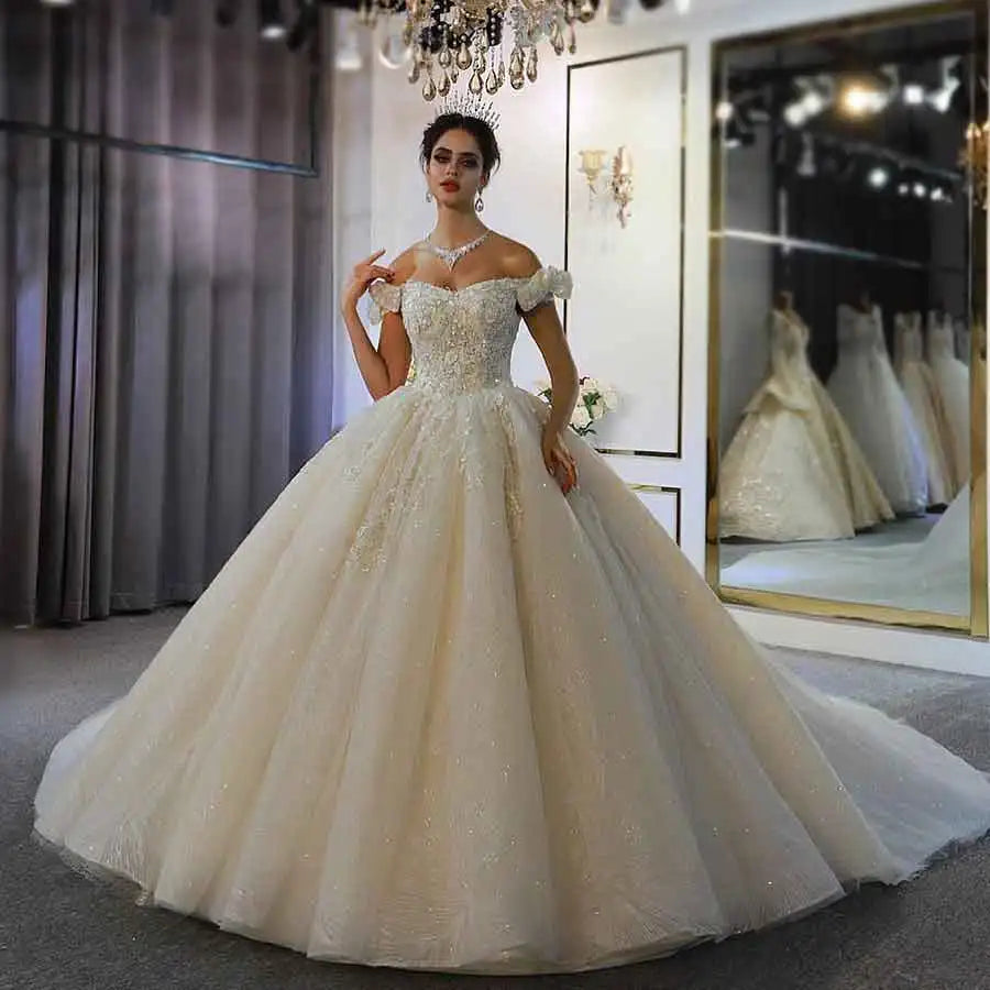 NS3769 Princess Short Sleeve Beautiful Lace Wedding Dress Beading Plus Size Wedding Dresses