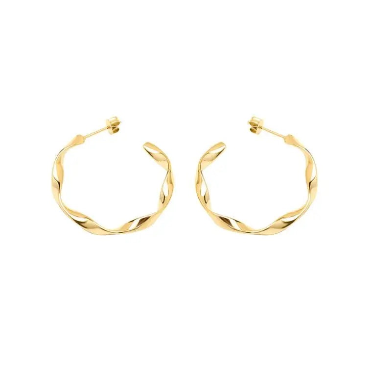 Jietao 18K Gold Plated Twisted Hoop Earrings Medium Flat Wire Statement for Women Tarnish-Free Stainless Steel for Wedding Gift