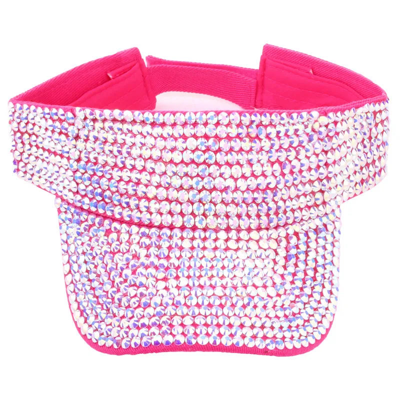 Wholesale Fashion Pink Rhinestone Sun Visor Hat Bling Rhinestone Visor Outdoor Rhinestone Big Brim Empty Top Sun Visor Hat
