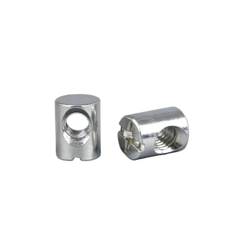 Customized Furniture Cross Slotted Hole Nut Cylinder Hammer Dowel Connecting Nut  Cross Dowel Hole Barrel Nut