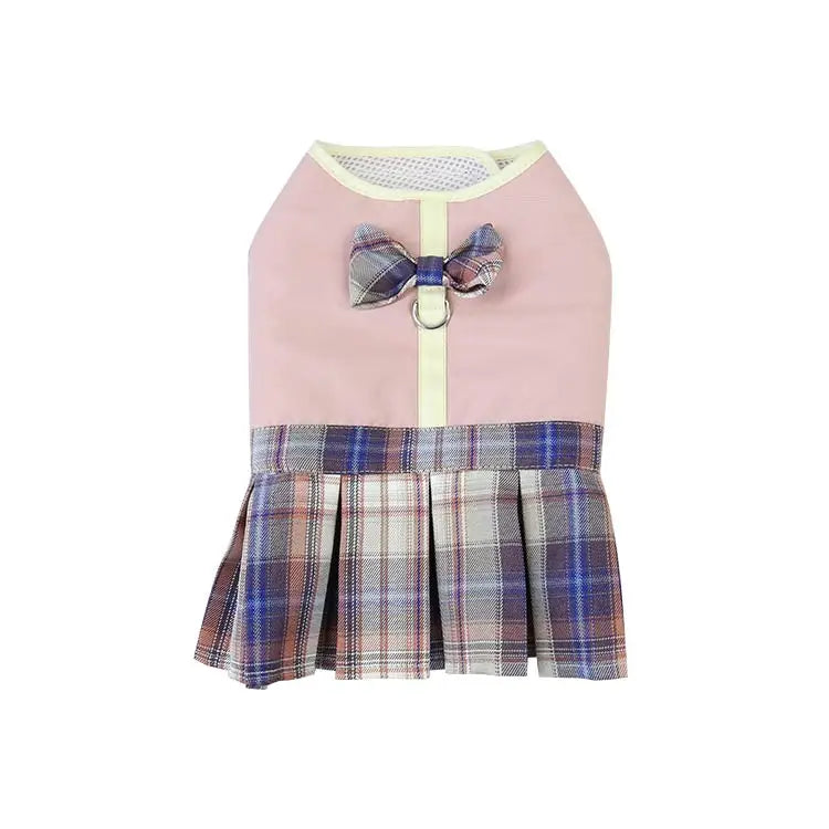 Maychan Customized Dog Harness Dress with Leash Set Plaid Pattern Princess Pet Clothes Puppy Dress