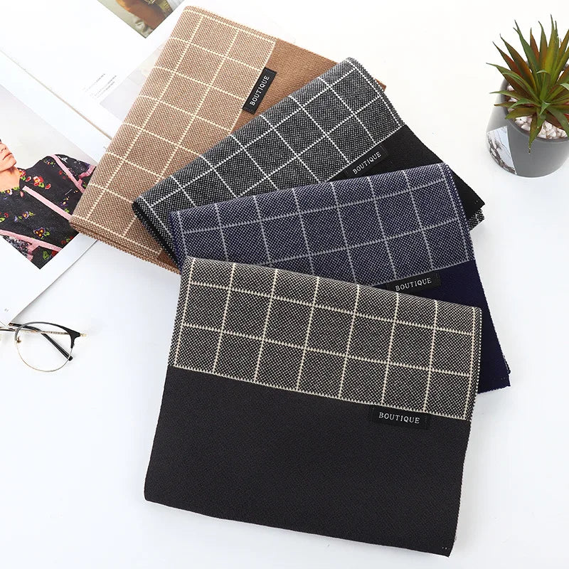 New Men's Winter Warm Polyester  Scarf Classic Plaid Checked Business Scarf Long Tassel Knit Scarf Black Gray Red Beige