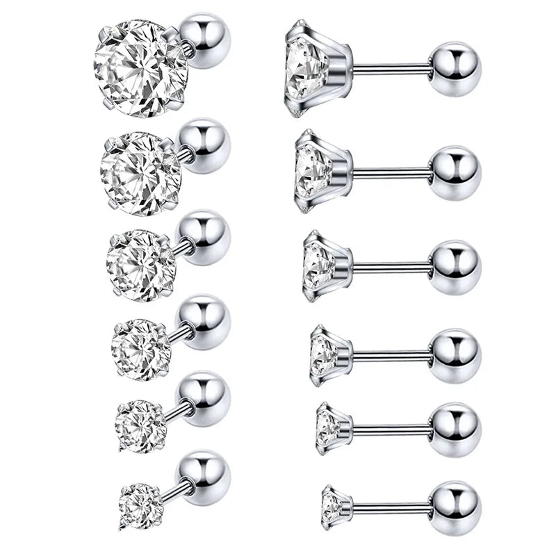 SC Hot Selling 6 Pairs Earrings Set Shiny Hypoallergenic Diamond Earrings Stainless Steel Studs Earrings for Men Women