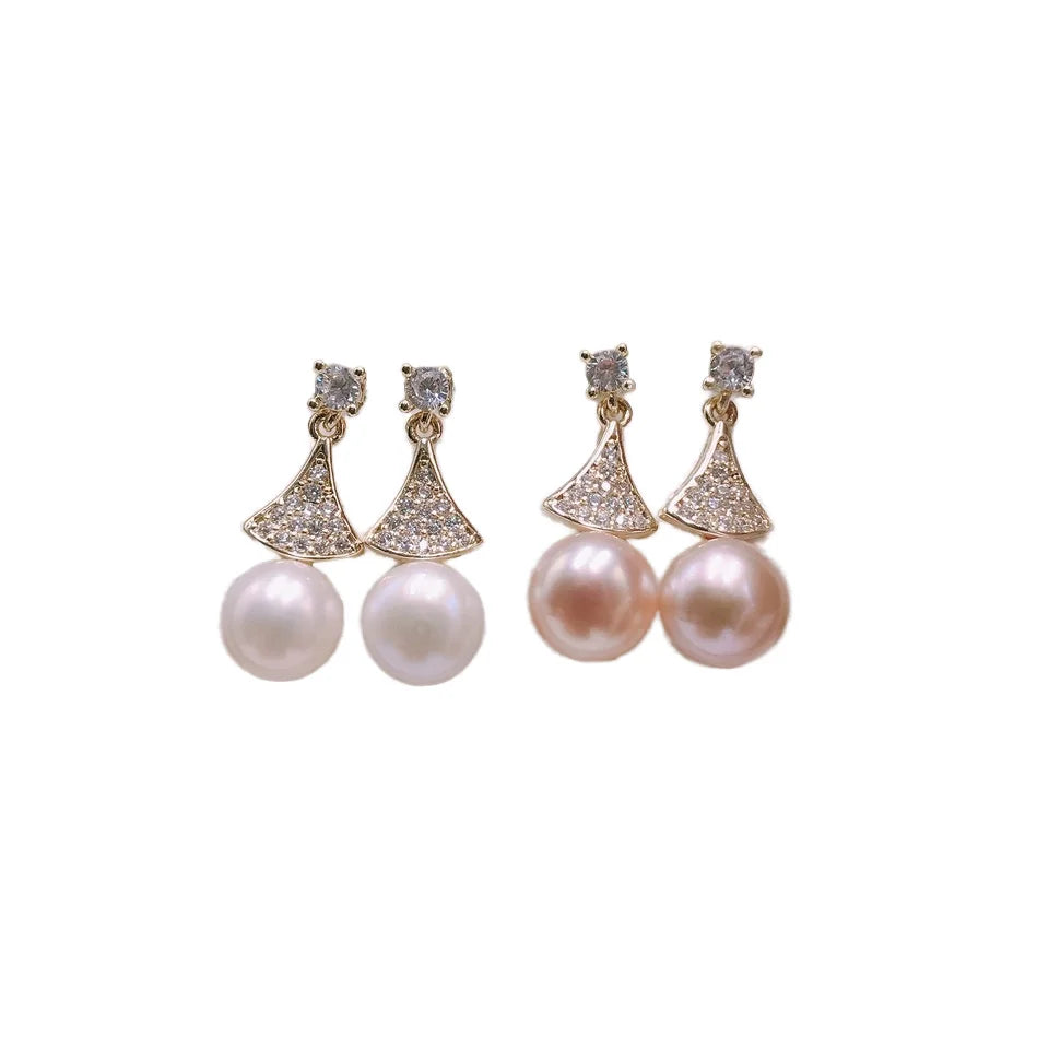 Fashion Snow Princess Fan Shape Zircon 18K Gold Plated Natural Freshwater White Pink Pearl Drop Earrings