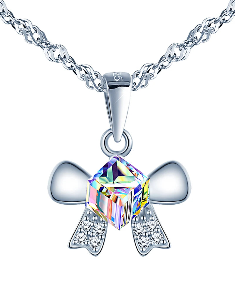 925 Sterling Silver Tarnish-Free Waterproof Necklace Square Crystal Bow Pendant Trendy Jewelry for Weddings Parties Engagements