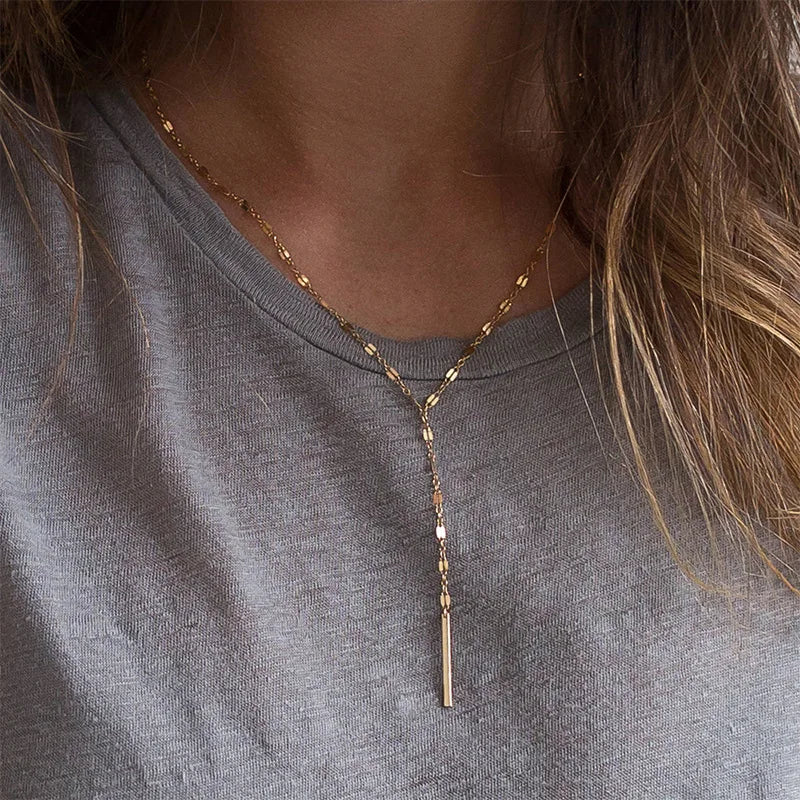 Simplest 316LStainless Steel Lace Chain Necklace Y Shaped Long Pendant Necklace for Women