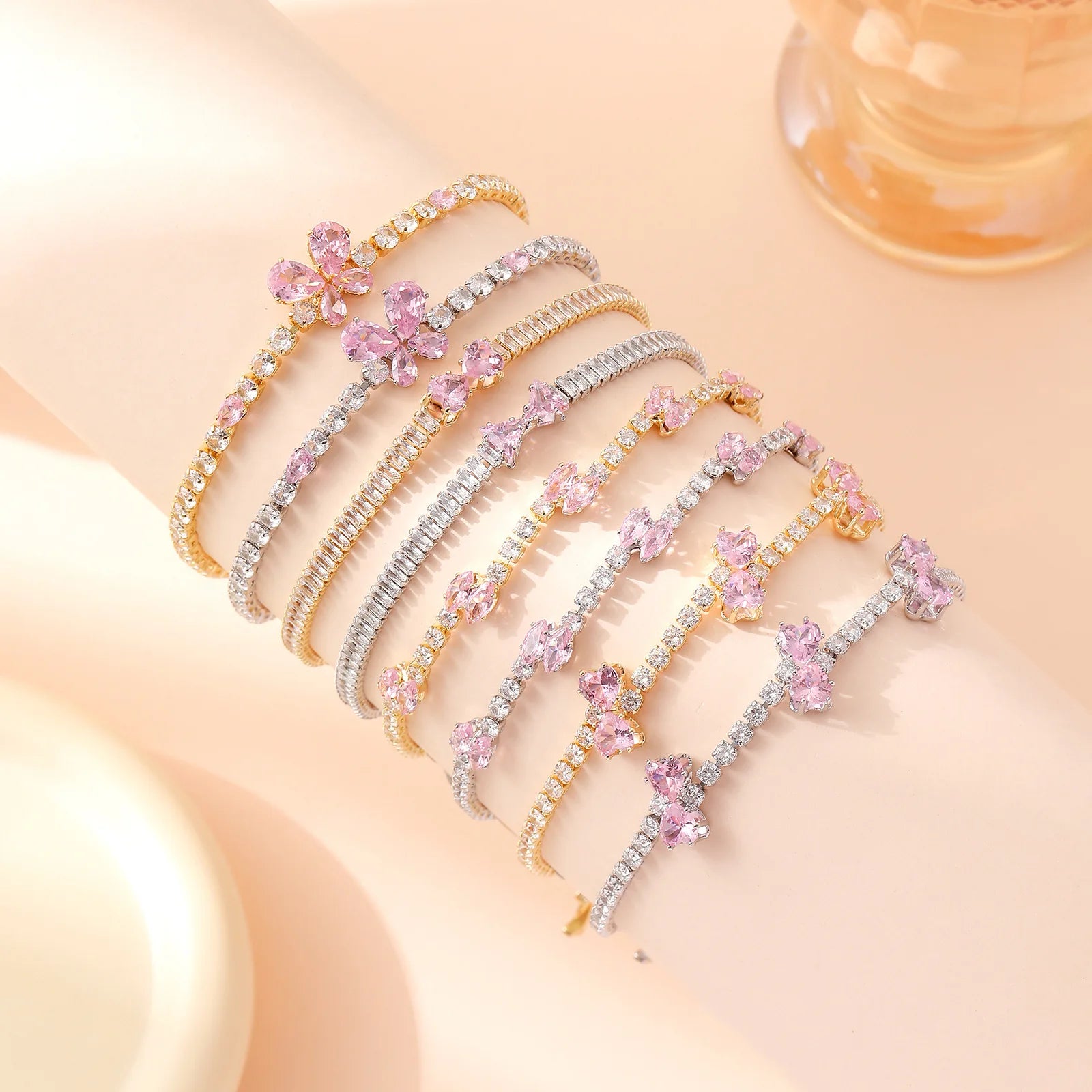 Fashion Small Fresh Pink Bowknot Zircon Bracelet Exquisite Sweet Design Tennis Bracelet for Women