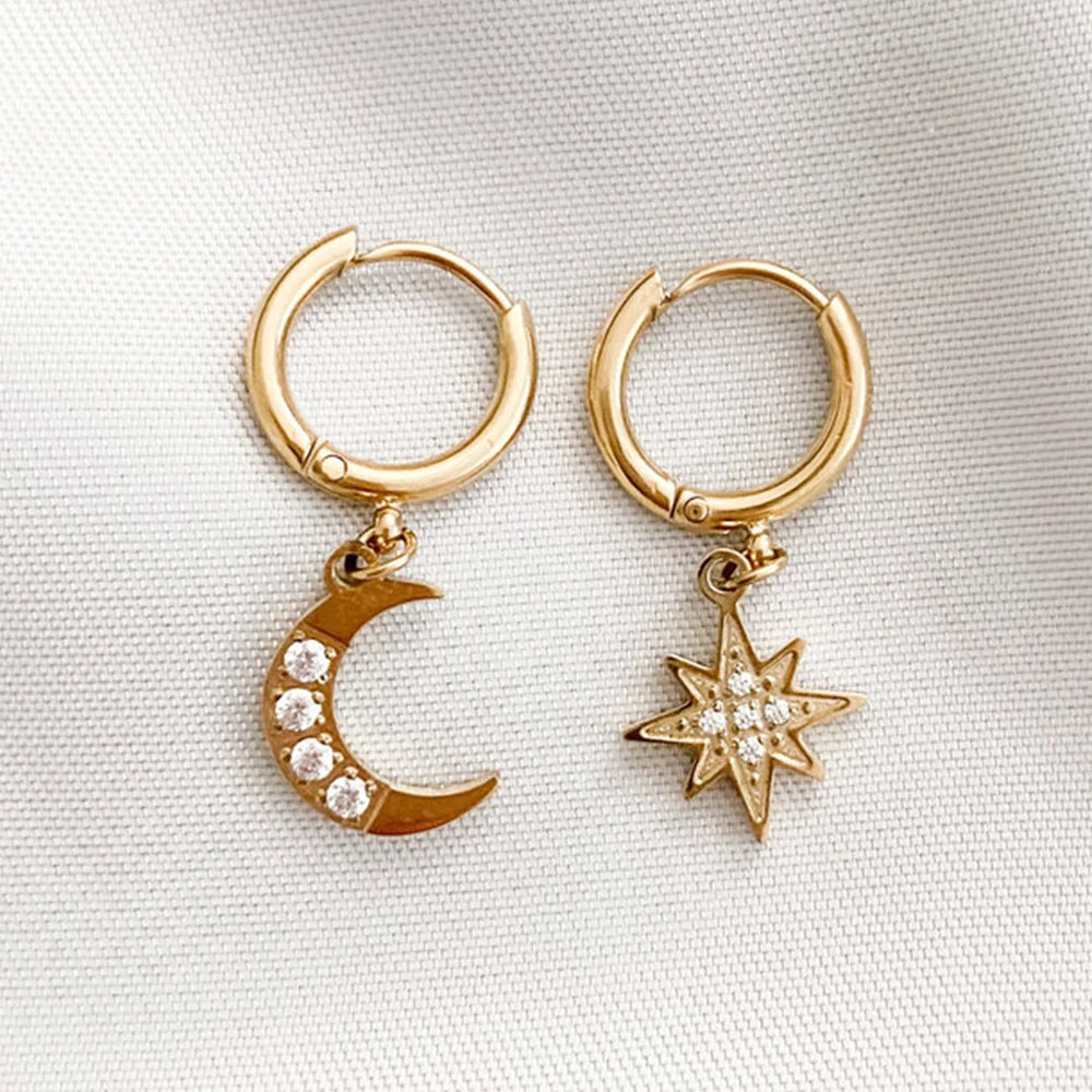 EManco New Arrival Korea Fashion Dainty Jewelry Gold Stainless Steel Moon and Star Pendant Earrings Irregular Women