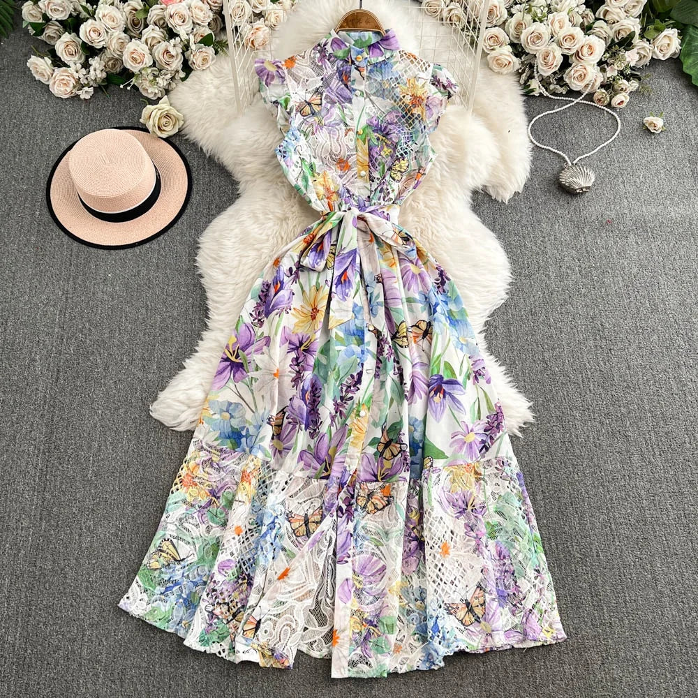 Sleeveless Dress for Women Summer 2025 New Style Hollowed Out Stand up Collar Mid Length Retro Floral Kikyo Ruffle Edge Skirt