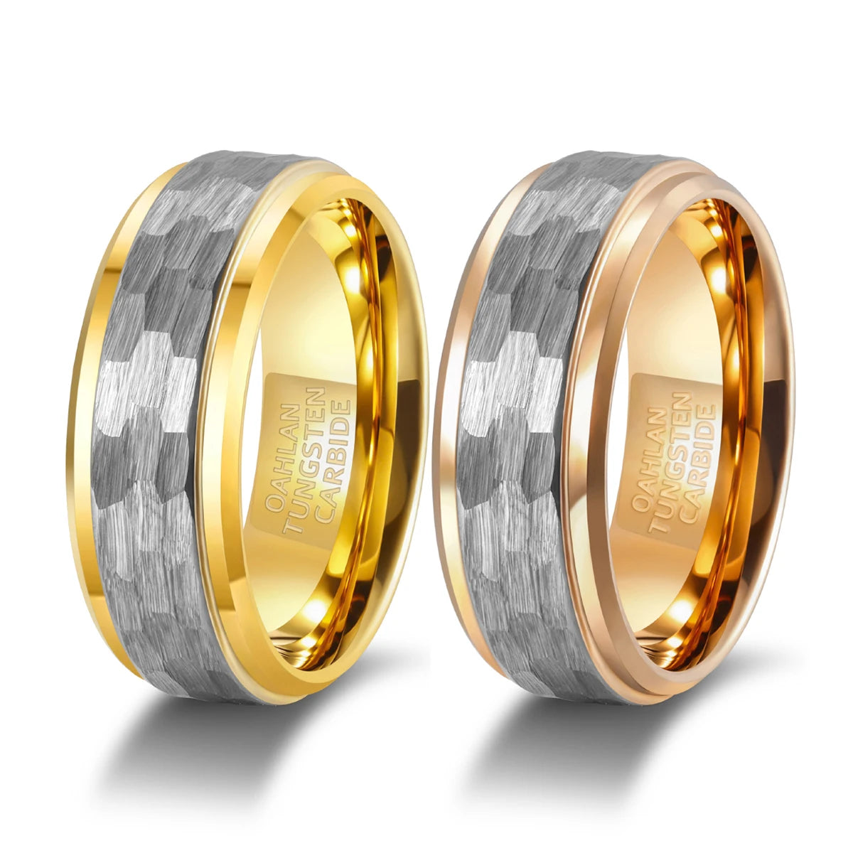 OAHLAN Fashion Jewelry 8mm Gold /Rose Gold Plated Anti-Rust Waterproof Hammered Tungsten Carbide Ring for Men Wedding Engagement