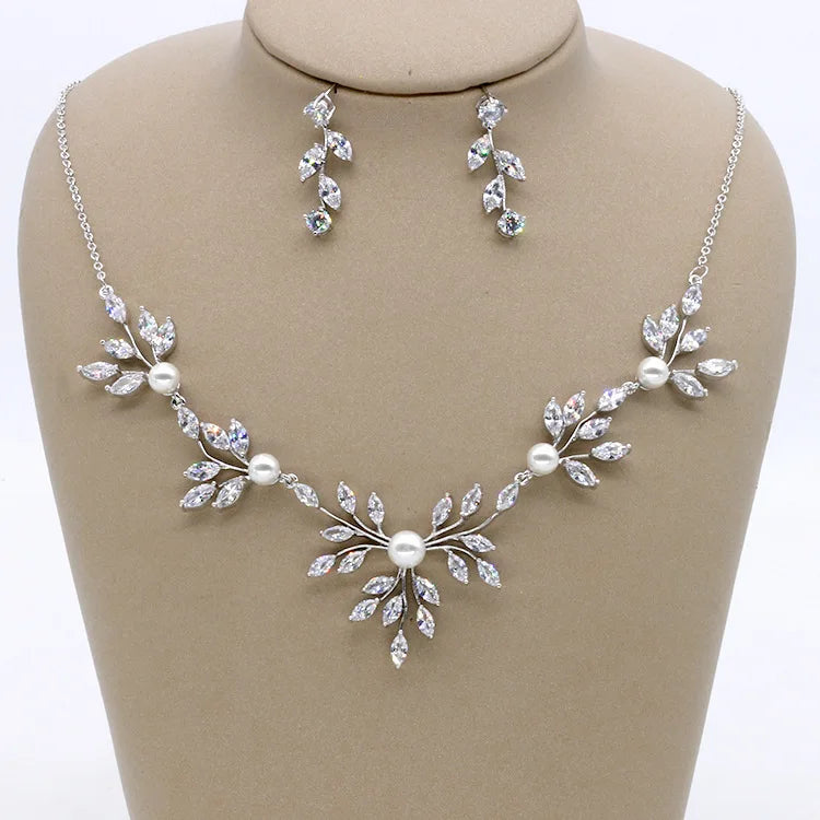 SLBRIDAL Copper Wedding Cubic Zircon Pearls Jewelry Set Bridal CZ Necklace Earring Set Banquet Party Jewelry Set Women Jewelry