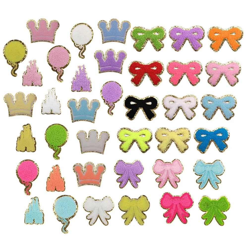 Hot Sale Lovely Colored Iron on Gold Glitter Towel Chenille Castle Balloon Crown Bowknot Patches for Kids Clothes