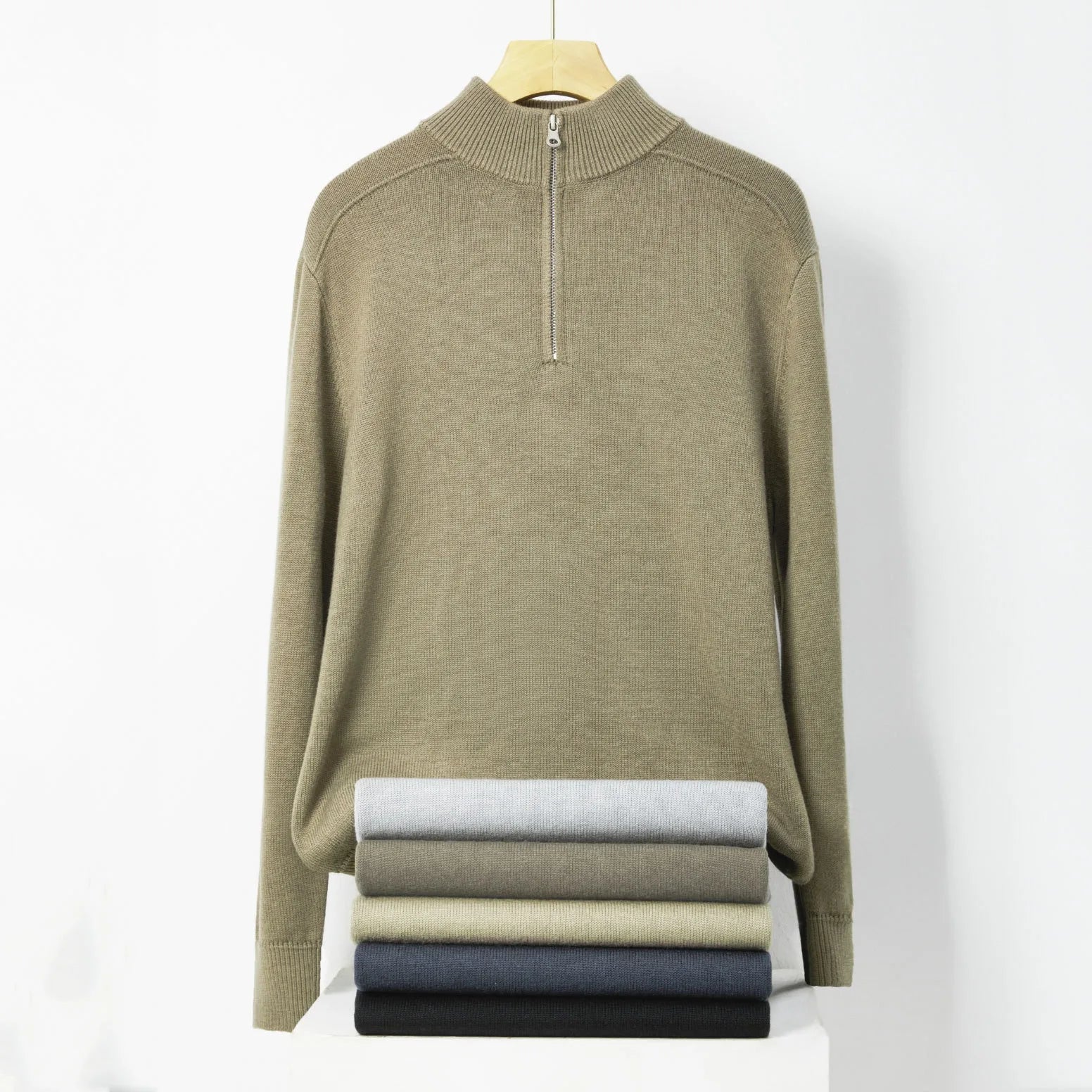 OEM Men's Woolen Sweater Autumn Stand Collar Long Sleeve Old Money Style Turtleneck Zip up Sweater