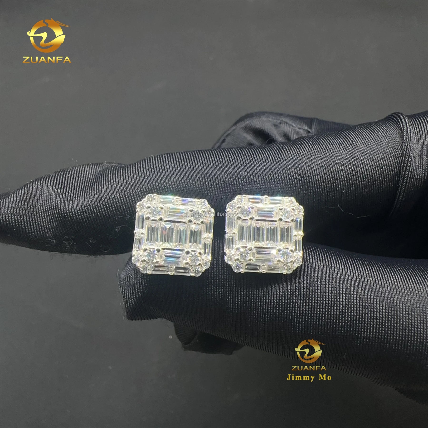 Best Selling Stock Iced Out Man Stud Earrings Baguette Moissanite Diamond Screw Back Setting Hip Hop Stud Earring 925 Silver