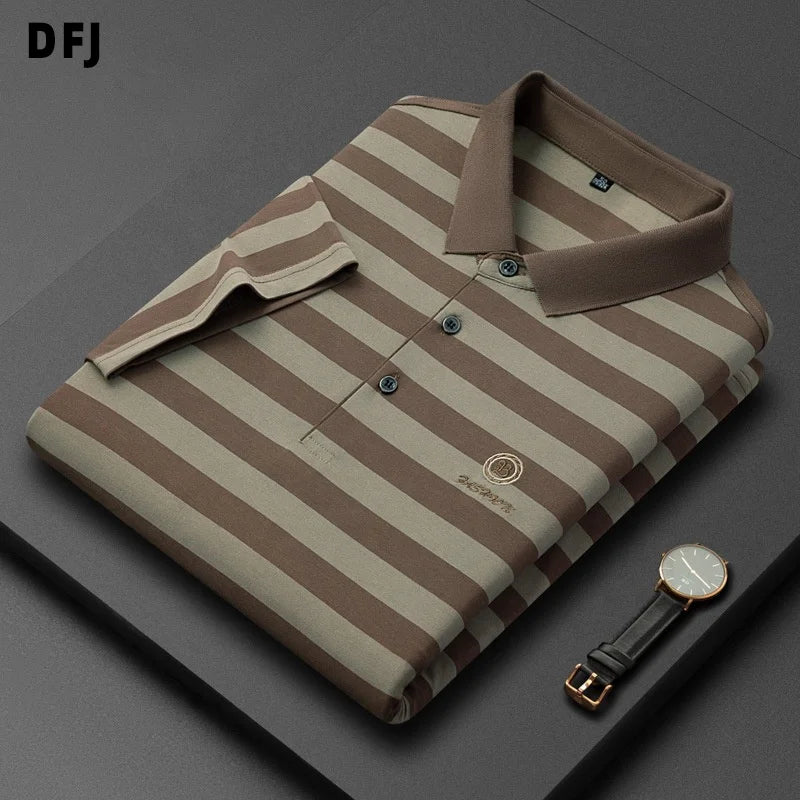 Luxury Men's Short Sleeve for  Shirts Quick Dry Knitted Fabric with Embroidered Security Feature Striped Design