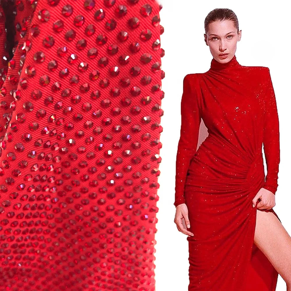 S457 150cm*100cm 1mm Space Elastic Stretch  Rhinestones Fabric Bling Diamond Crystal Fabric for Party Dress