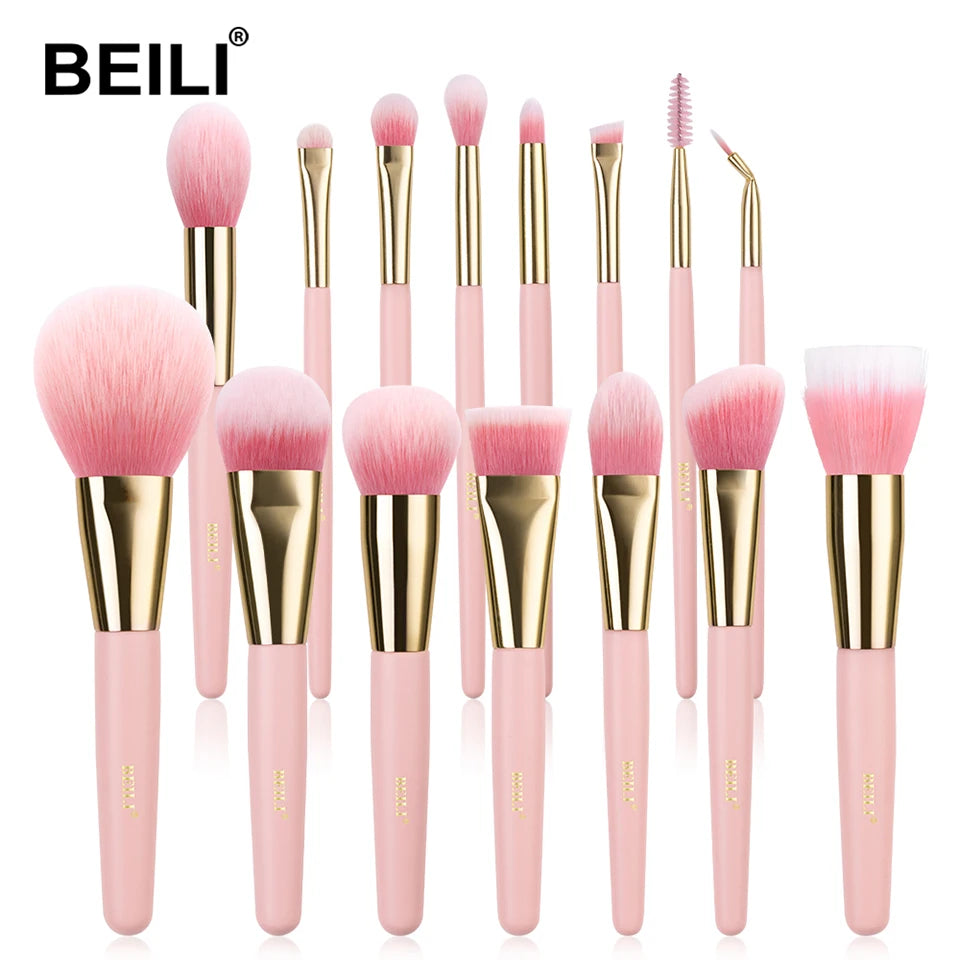 BEILI Makeup Brush Set Vegan15Pcs Pink Wood Handle Luxury Cosmetic Kit Synthetic Hair Private Label