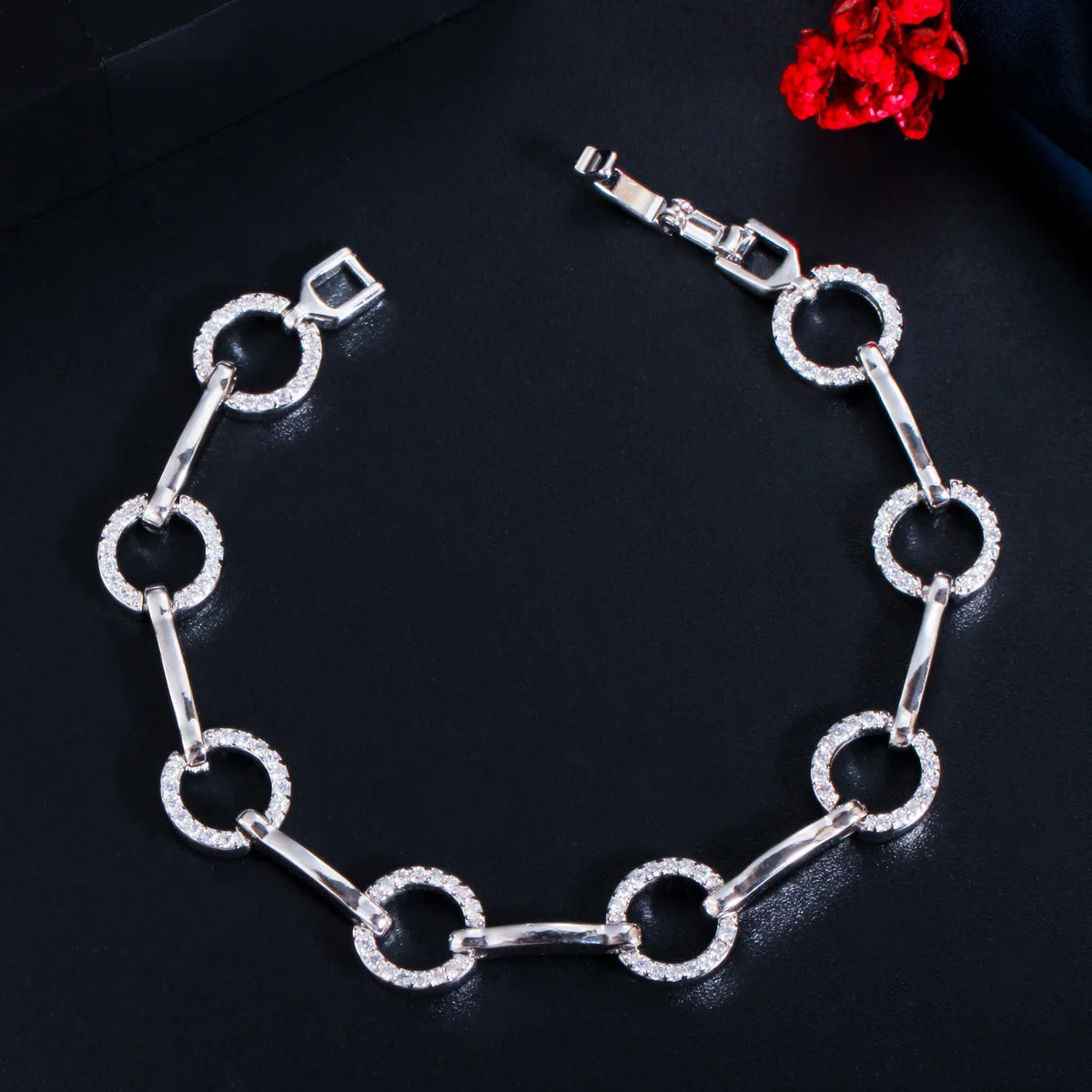 Micro Pave Cubic Zirconia Silver Plated Paperclip Round Circles Link Bangle Bracelet for Women Fashion Brand Bohemian Jewelry