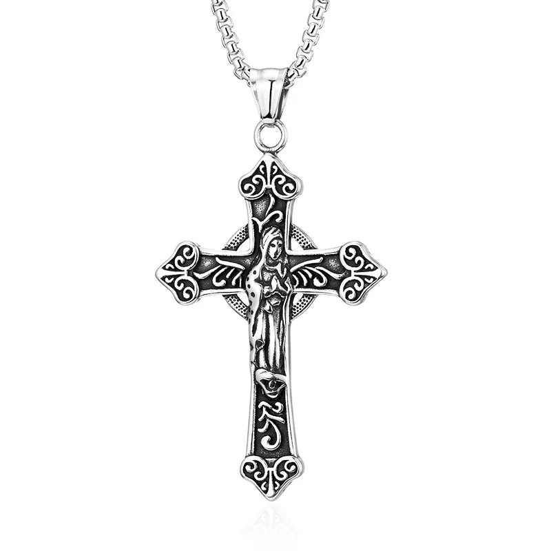 MECYLIFE Antique Stainless Steel Virgin Mary Pendant Religious Hiphop Cross Necklace Pendant Catholic Jewelry
