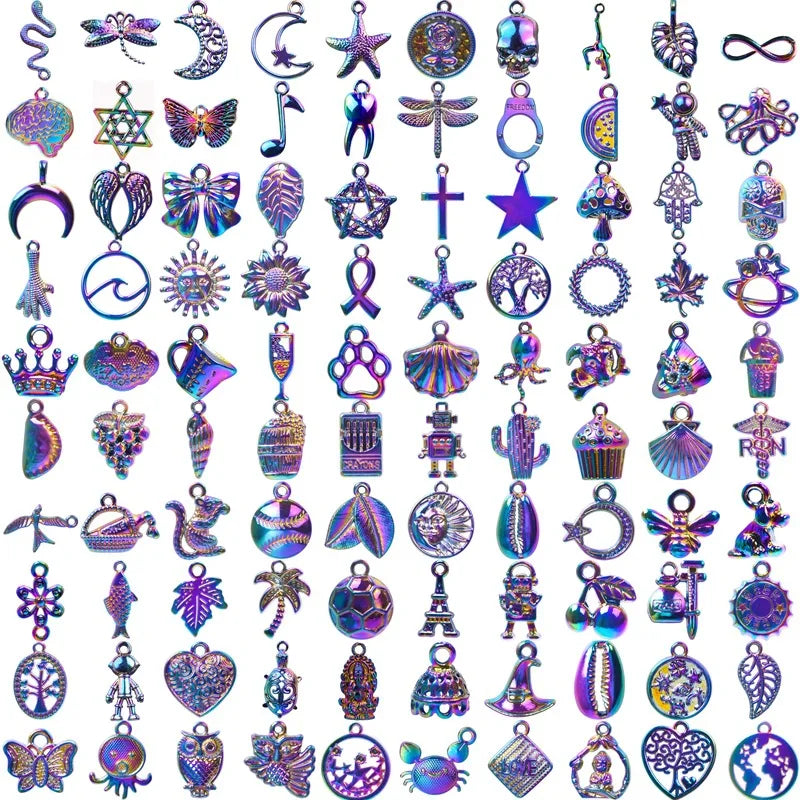 100pcs Per Set Heart Wings Rainbow Colorful Custom DIY Alloy Star Keychain Fashion Necklace Bracelet Pendant Set Charm