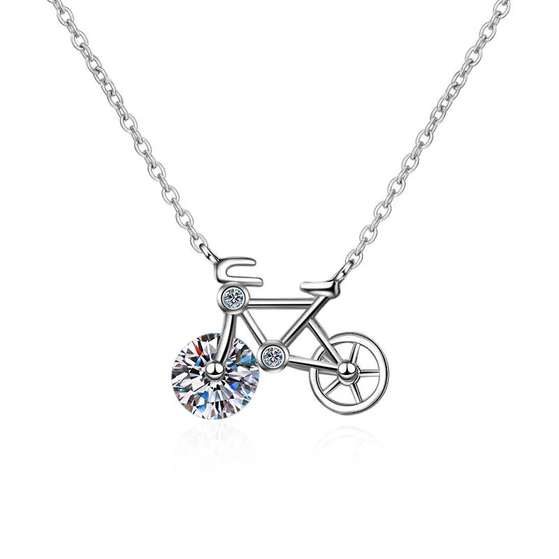 2023 New Design Fine Jewelry 925 Sterling Silver Lovely Personalised Bicycle Necklace 1ct Moissanite Pendant Necklace for Women
