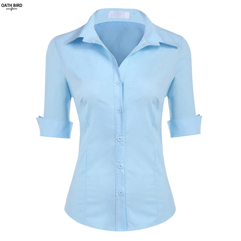 Women's Work Uniform Shirts 3/4 Sleeve Ladies Office Working Shirt Bank Uniforms Cloth Custom Embroidered Logo