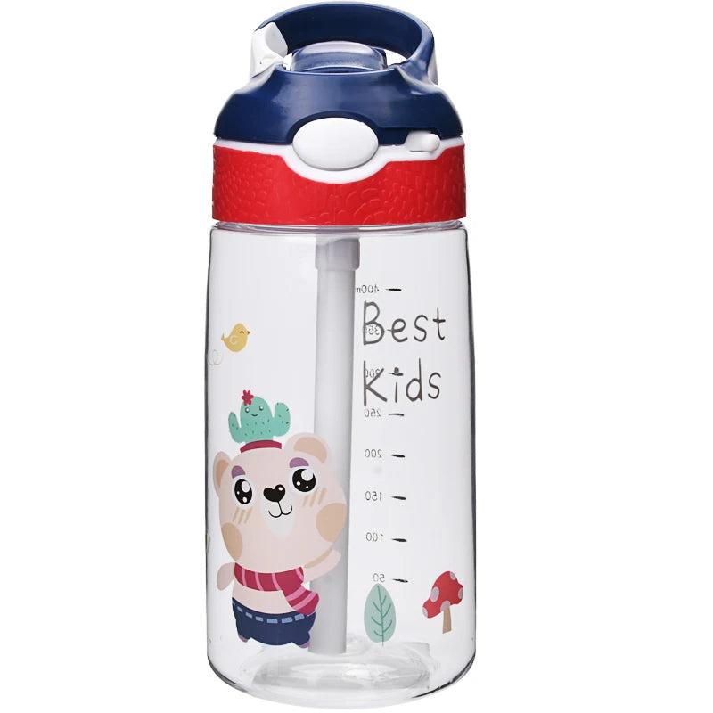 Aohea Plastic Kids Water Bottle with Straw Cute Printing Child Drink Water Bottle