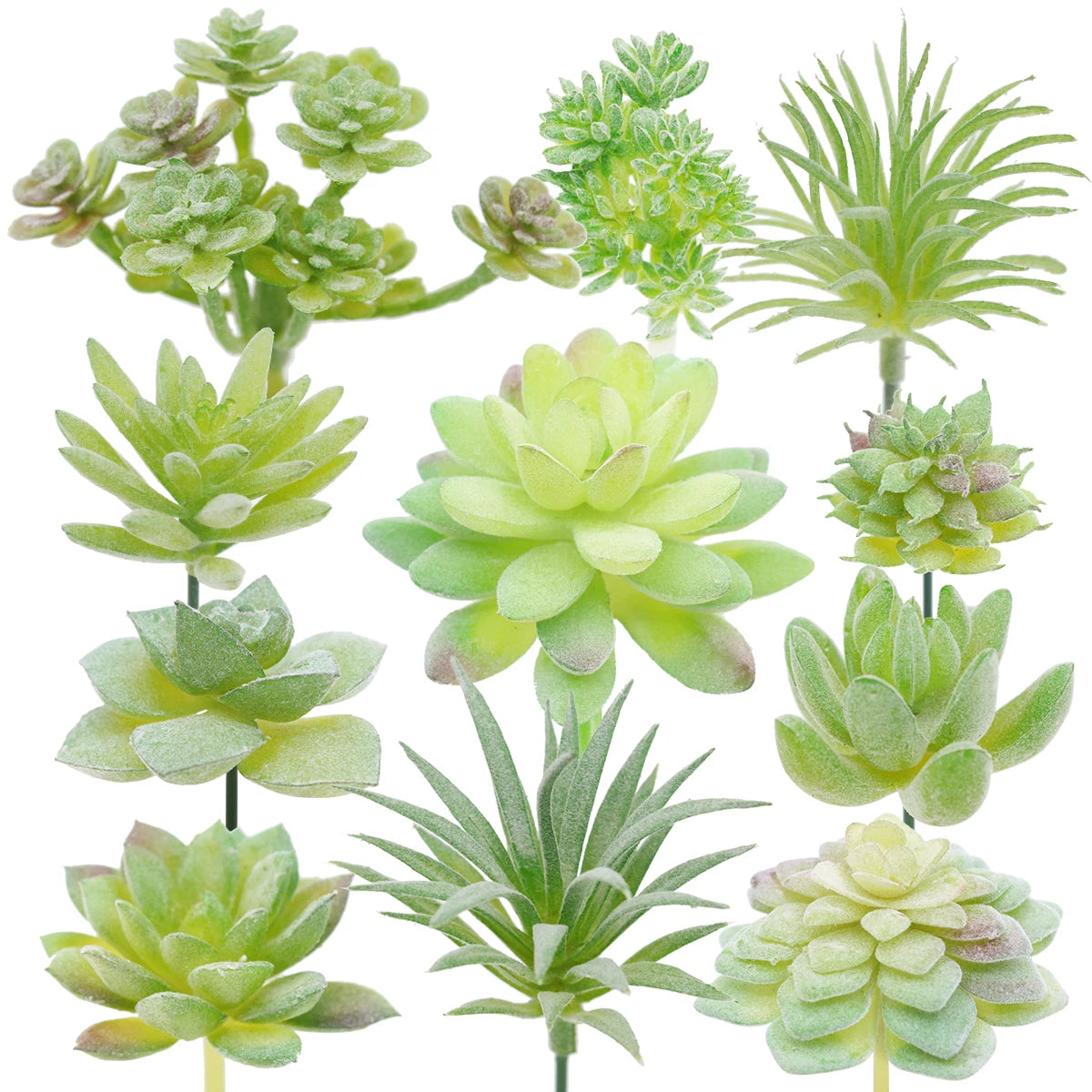 11PCS Small Plastic Succulents Assortment in Flocked Green Floral Decor for Party Cake