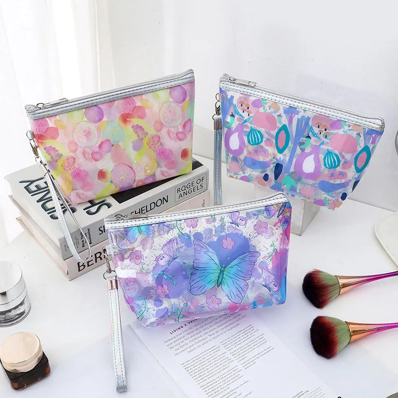 Clear PVC Women's Cosmetic Bag with Zipper Closure Soft Handle Printed Design-Travel Makeup & for Storage Organizer