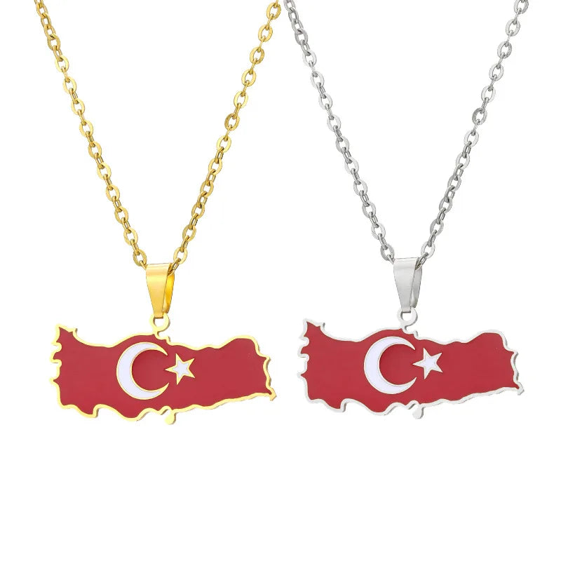 Enameled Turkey Map Chain Necklaces Stainless Steel 18k Gold Plated Enamel Turkey National Flag Map Pendant Necklace