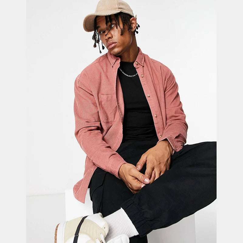 Long Sleeve Shirt Men 100% Cotton Custom 90s Oversized Cord Shirt in pink Button up Corduroy Men Shirt With Chest Pocket
