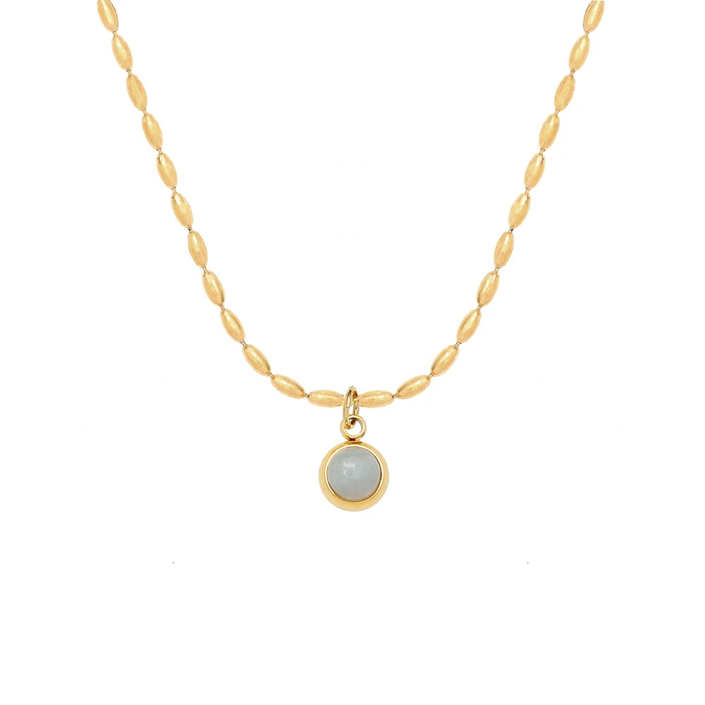Joolim 18K Gold Plated Mung Bean Round Natrual Stone Pendant Bead String Necklace Stainless Steel Tarnish Free Summer Jewelry