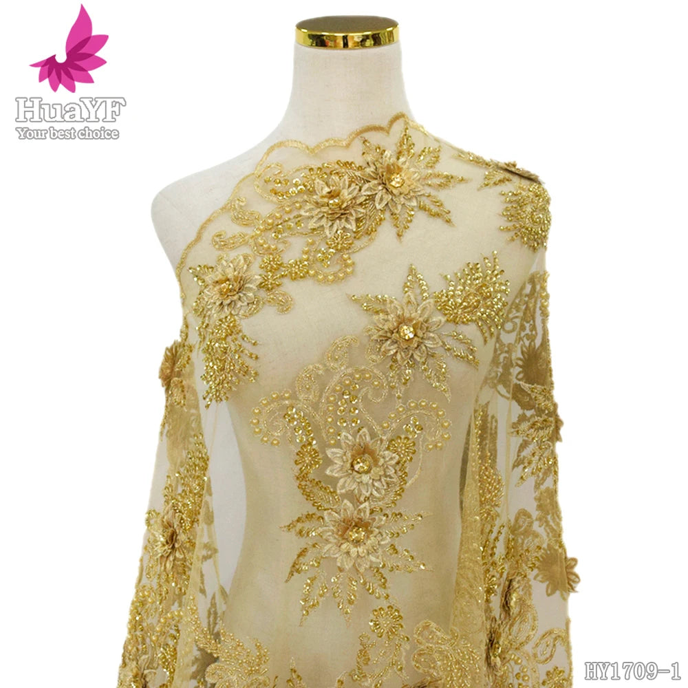 2021 Latest Luxury Golden African 3d Floral Lace With Crystal Handmade Beaded Classy Lace Fabric for Wedding Party HY1709