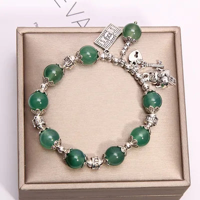 Ins 10mm Natural Stone Lucky Cat Key Charms Elastic Bracelet Agate Bracelets for Women