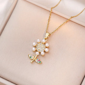 18K Gold Plated Sunflower Necklace Zirconia Stainless Steel Chain Colorful Pearl Flowers Necklace