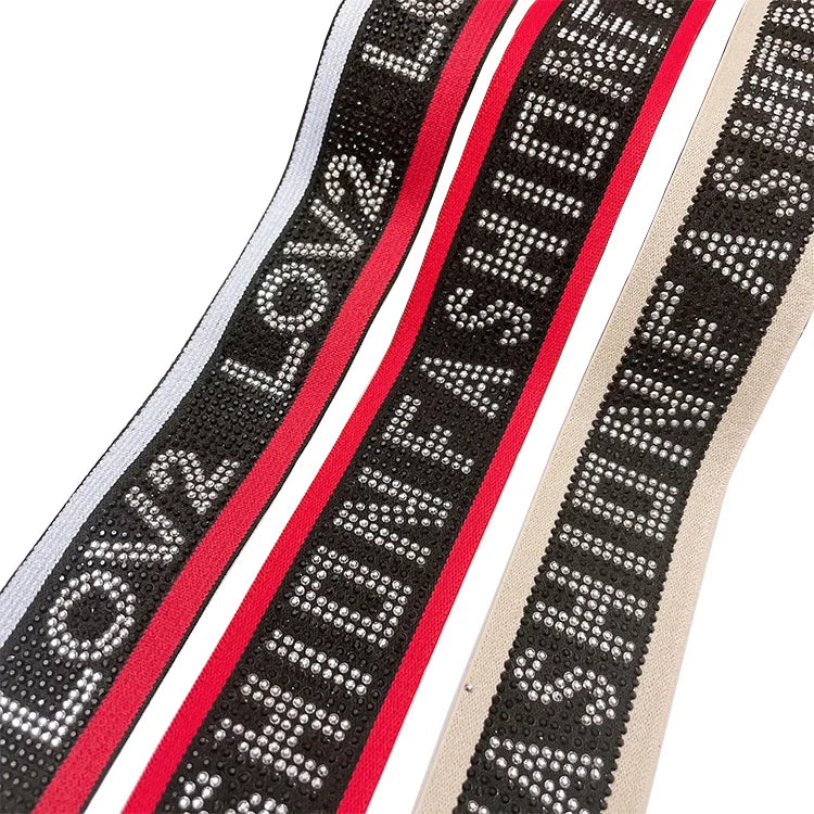 Manufacturer Low Price Elastic Rhinestone Fabric Stretch Trim Hot Drilling Letters Print Decorative Elastic Band