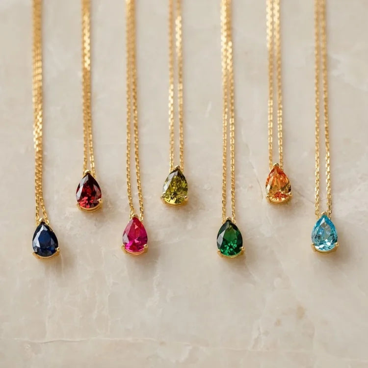 Personalized Silver Jewelry 18k Gold Plated 925 Sterling Silver Cubic Zircon Gemstone Teardrop Birthstone Pendant Necklace