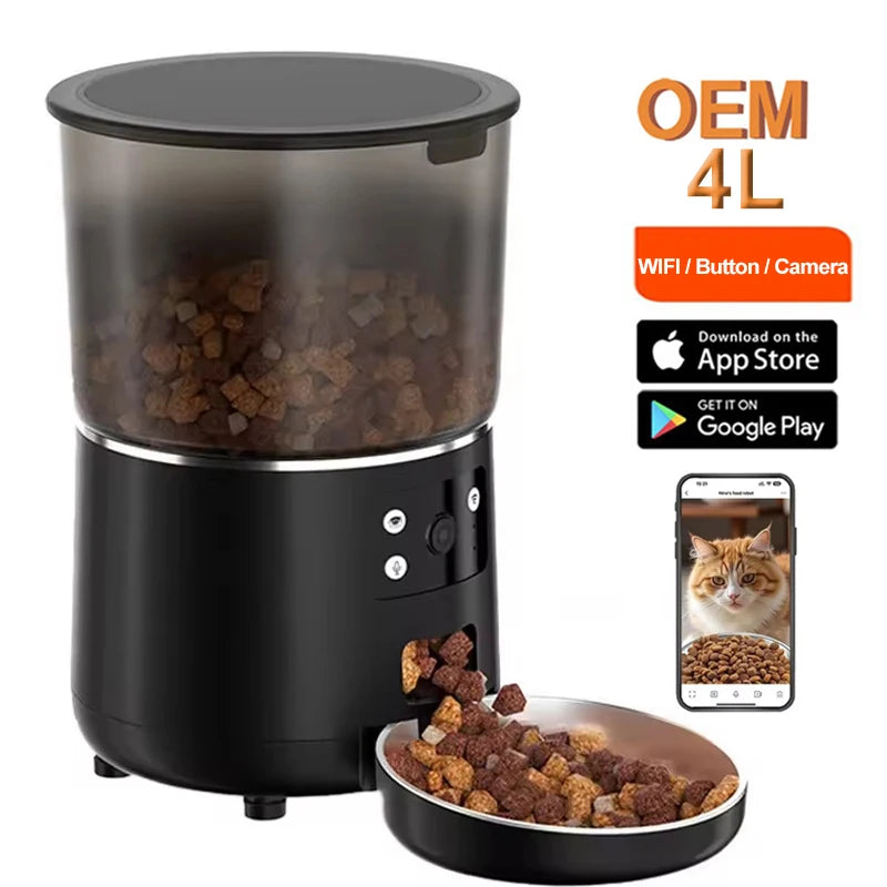 OEM 4L Automatic Cat Feeder with Camera Night Vision WIFI Remote APP Timed Quantified Plastic Smart Pet Feeder TUYA
