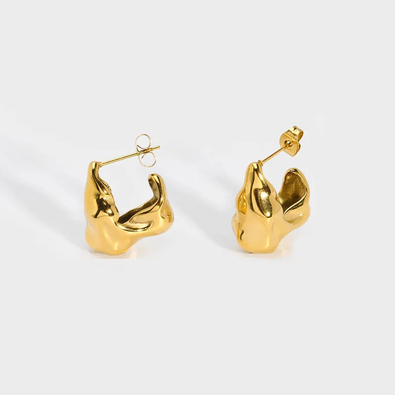 Trendy PVD 18K Gold Plated Stainless Steel Irregular Lava Fold Geometric Crystal Rhinestone Stud Earrings Tarnish Anniversary