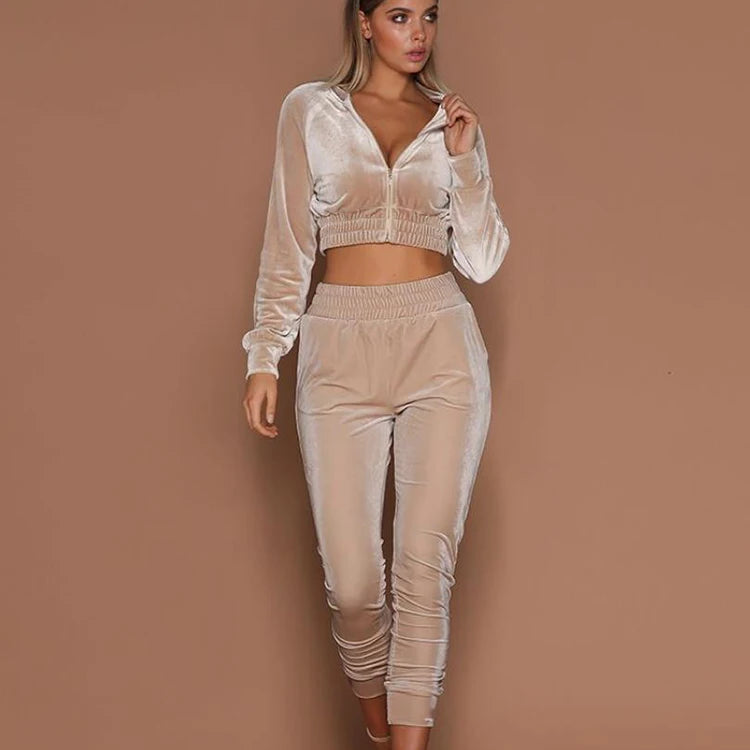 Winter 2 Pieces Pants Set Outfit Velvet Women Velour Tracksuits Sets Leisure Suits
